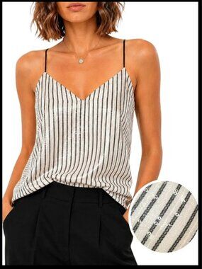 Banana Republic Ivory Black Striped Sequin V-Neck Cami XS